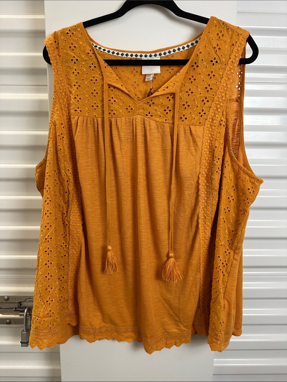 KNOX ROSE Mustard Eyelet Tassel Sleeveless Top - Women - Picture 1 of 9